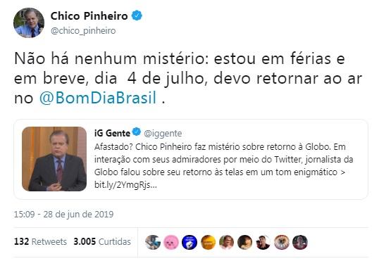 Após boatos de saída da Globo, Chico Pinheiro esclarece afastamento da  emissora