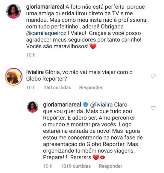 Gloria Maria responde comentário de fã em rede social