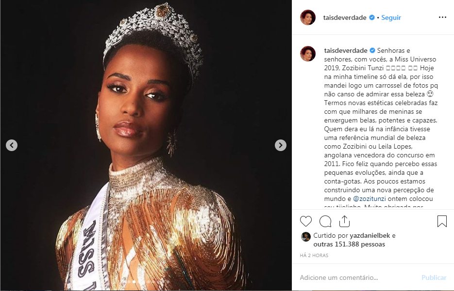 Tais Araujo fala sobre a vitória da modelo africana no Miss Universo