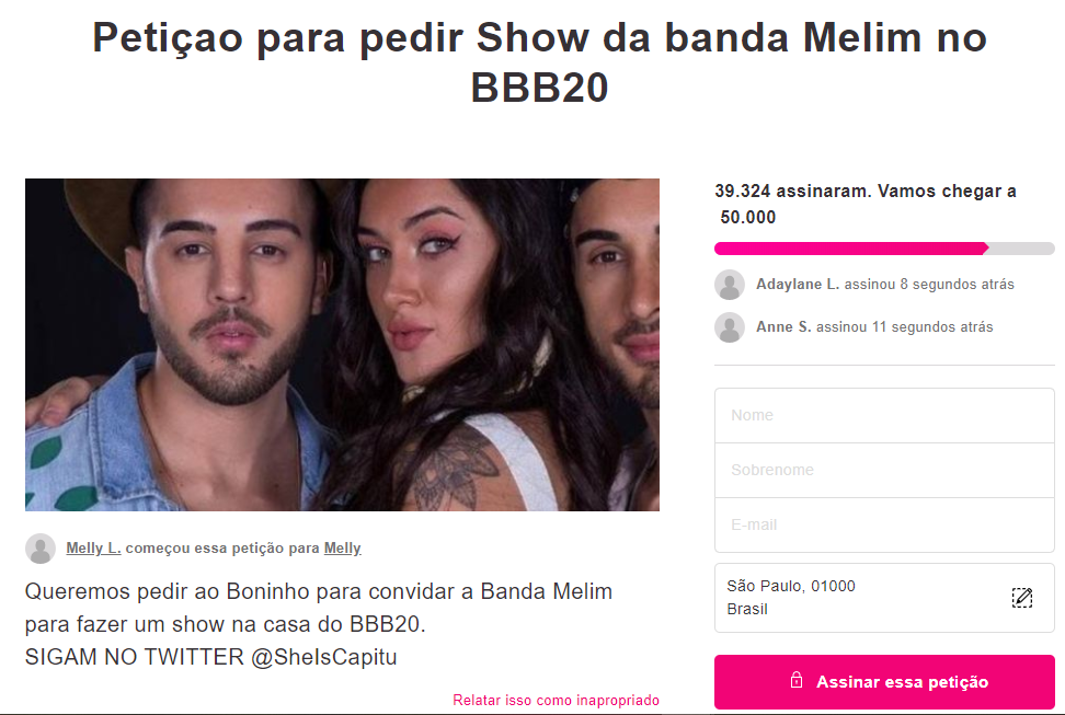 Público faz petição para Show da Banda Melim no BBB20